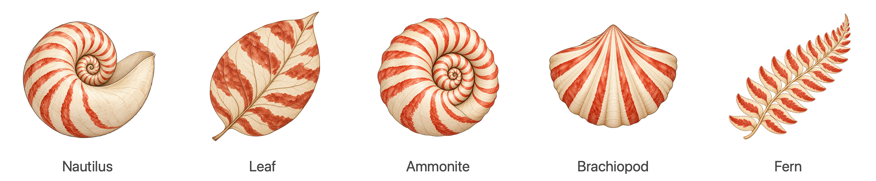 Nautilus, Leaf, Ammonite, Brachiopod, and Fern